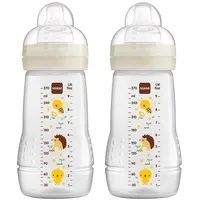 MAM Easy Active Trinkflasche im 2er-Set (270 ml), Baby Trinkflasche inklusive MAM Sauger Größe 1 aus SkinSoft Silikon, Milchflasche mit ergonomischer Form, 0+ Monate, Biene/Igel