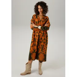 Blusenkleid ANISTON CASUAL, Damen, Gr. 36, N-Gr, bunt (dunkeloliv, terrakotta, marine), Web, Obermaterial: 100% Viskose, bedruckt, gemustert, modisch, figurumspielend kniebedeckend, V-Ausschnitt, Langarm Rippbündchen, Kleider, mit großflächigem, grafischen Druck