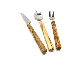 D.O.M. Die Olivenholz Manufaktur Essbesteck 3er Set Edelstahl mit Griff aus Olivenholz 22 cm