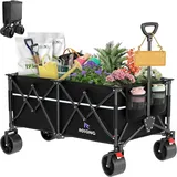 ROSONG Bollerwagen Faltbar 260L Groß, Faltbarer Bollerwagen mit Bremsen & Großen Rädern, Schwerlast Klappbarer Handwagen Transportwagen für Strand, Camping, Garten, Schwarz