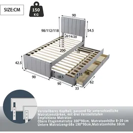 Flieks Polsterbett mit Unterbett, Einzelbett Jugendbett mit Lattenrost und Schubladen, Kinderbett Holzbett Gästebett Tagesbett 90x200/90x190cm, Le... - Grau
