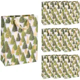 IDENA 90398 - Geschenktaschen Tannenbaum, 10 Stück in Grün-Gold, Papiertüten in der Größe 34,5 x 25 x 8,5 cm, Geschenktüten für Weihnachten
