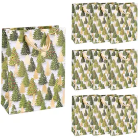 IDENA 90398 - Geschenktaschen Tannenbaum, 10 Stück in Grün-Gold, Papiertüten in der Größe 34,5 x 25 x 8,5 cm, Geschenktüten für Weihnachten