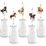 Serencatcher Pferd Strohhalme Party Bevorzugungen, 50pcs Western Horse Party Bevorzugungen Gestreiftes Papier Trinkhalme mit Pferd Bevorzugung Topper für Western Cowboy Cowgirl Geburtstag