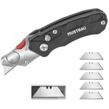 Mustbau Professional Mini Universalmesser(Längen 6.5cm), Klappmesser im Metall-Griff schwarz (Inkl. 5 Stück SK5 Ersatzklingen), Cuttermesser mit Safety-Lock, Teppichmesser Arbeitsmesser