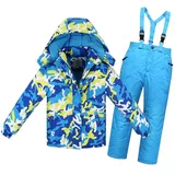 LCIGIA Schneeanzug Mädchen Skijacke Jungen Skianzug Kinder 2 Teilig Wasserdichte Fleecejacke Mit Abnehmbarer Kapuze Jacke + Hosenträgerhose, Blau + Camouflage, 128-134, H13-YL28W65Z-L10 - 128-134
