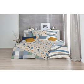 Primera Biber-Bettwäsche Branches floral Blau/Braun 135 x 200 cm + 2 x 80 x 80 cm