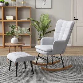 Homcom Schaukelstuhl mit Hocker Armlehnsessel, Stillsessel mit Leinenoptik, Schaukelsessel bis 130 kg Belastbarkeit für Schlafzimmer, Wohnzimmer, Sessel, Schaukelstühle