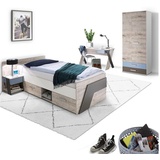 Lomadox Jugendzimmer Set mit 90x200 cm bett 4-teilig mit Kleiderschrank LEEDS-10 in Sandeiche Nb. weiß Lava und Denim Blau