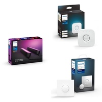 Philips Hue White and Color Ambiance Play Lightbar 2-er Pack, Schwarz + Bridge, zentrales, intelligentes Steuerelement des Hue Systems + Smart Button, komfortables Dimmen ohne Installation, LED