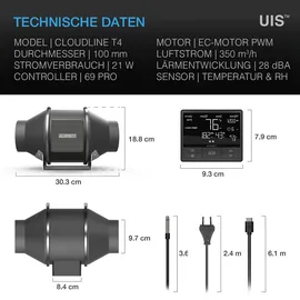 AC Infinity CLOUDLINE PRO T4 leises Inline-Lüftersystem mit Temperatur- und Feuchtigkeitssteuerung, 100 mm