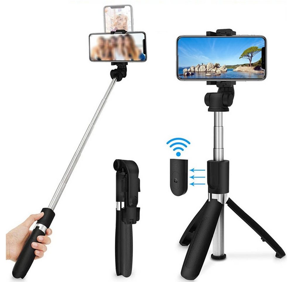 AKKEE Bluetooth Selfie-Stick Stativ Erweiterbar Selfie Stange Smartphone-Halterung, (360° Drehbar, 1-tlg., mit Kabelloser Fernbedienung, für Selfie, Reisen, Vlog) schwarz