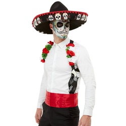 Smiffys Kostüm Tag der Toten Set, Dreiteiliges Set mit Blumenholster, Sombrero und Schärpe rot