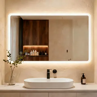 Clevich Badspiegel mit Beleuchtung 100×60 cm, LED Spiegel mit 3 Lichtfarben dimmbar, gehärtetes Glas und mattierter Rand, Touch-Schalter, Memory-Funktion, beschlagfrei, Badezimmerspiegel mit Licht