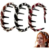 Yamobi 3 Stück Vintage Perlen Haarband, Elegante Perlenkopfband mit Zähnen, Kamm Haarreifen, Haarband Kopfbedeckung für Frauen und Mädchen(roter、schwarzer、Kaffee)