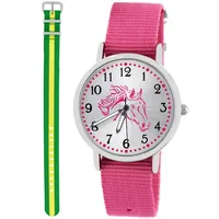 Pacific Time Kinder Armbanduhr Mädchen Junge Pferd Kinderuhr Set 2 Textil Armband rosa + grün gelb analog Quarz 10570