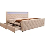 Home Deluxe Polsterbett VELARA - 140 x 200 cm, Farbe: Beige, gepolstertes Kopfteil mit LED Beleuchtung, inkl. 4 Schubladen I Doppelbett Komforbett - Beige