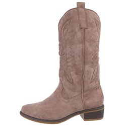 Ital-Design Damen Cowboyboots Western Westernstiefel Blockabsatz Flache Stiefel in Hellbraun braun 41