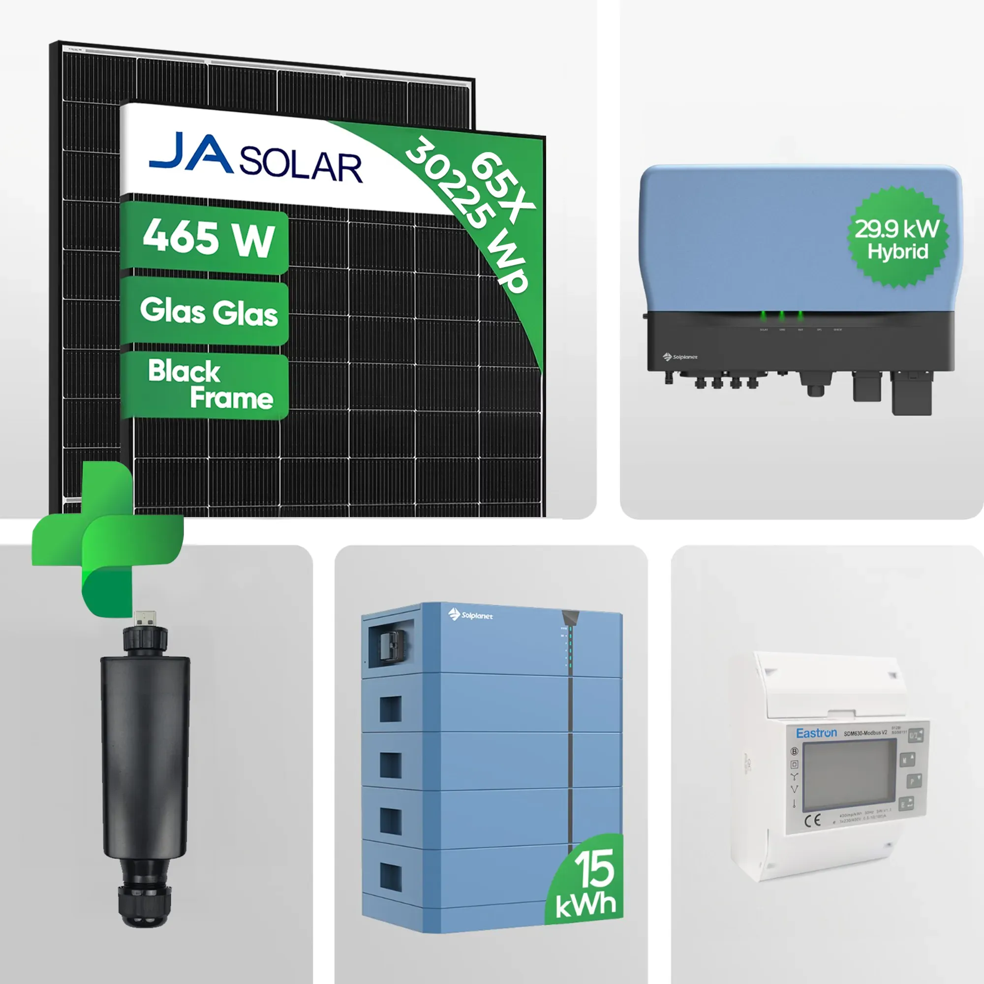 30.225 kWp PV-Komplettpaket mit 15 kWh Speicher | Ja 465W Black Frame Glas-Glas JAM54D40 LR | inkl. 0 % MwSt. für Privatkunden