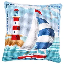 Kreuzstichkissen "Segelboot & Leuchtturm"