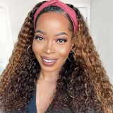 Headband Wig Deep Wave Human Hair Wig Glueless None Lace Front Curly Wigs For Black Women Brazilian Virgin Human Hair Machine Made Headband Wigs 150% Density 4/27 Highglight Wig (14inch)