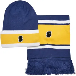 Beanie URBAN CLASSICS "Urban Classics Unisex College Team Package Beanie and Scarf", Damen, Gr. one size, bunt (spaceblau, californiagelb, weiß), Kunstfaser, Mützen