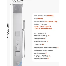 Vevor Duschpaneel-Turmsystem (5 Modi) mit Regenwasserfall-Duschkopf, (1345 mm) Duschsäule aus 304 Edelstahl, Regenmassagesystem zur Wandmontage, mit Handbrause & Wannenauslauf & 2 Körperdüsen