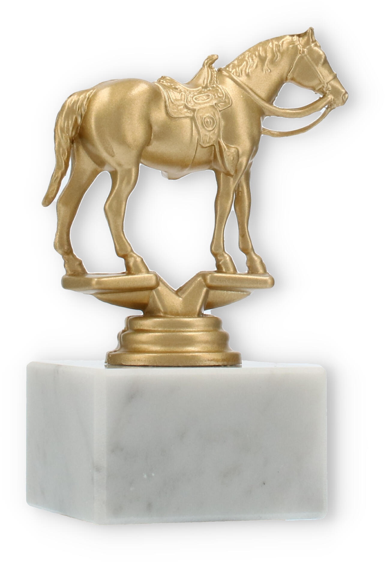 Pokal Kunststofffigur Westernreiten goldmetallic auf weißem Marmorsockel 13,3cm