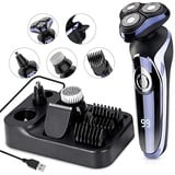 Rasierer Herren elektrisch Elektrorasierer Shaver, 5in1 Rotationsrasierer Nasenhaarschneider IPX7 Elektrischer Nass- und Trockenrasierer Haarschneider Bartschneider Bart Trimmer Set + USB Ladestation