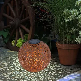 Expo Börse Solarlampe für Außen Kugel Solar Gartendeko Solarleuchte rost Erdspieß, Blumen Dekorstanzungen, Metall, LED warmweiß, D 20 cm, 2er Set