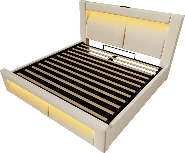 URBAN MEUBLE Modernes hydraulisches Stauraumbett 140 x 200 cm, Beige Samt, LED-Beleuchtung, USB- & Typ-C-Ladeanschlüsse, ohne Matratze