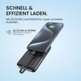 Viesta Viesta® Powerbank 10.000 mAh Schwarz – 22,5w Schnellladen, Pd20w, 15w kabelloses Laden – integrierte Kabel (usb-c & Lightning), Led-display, S... - Schwarz
