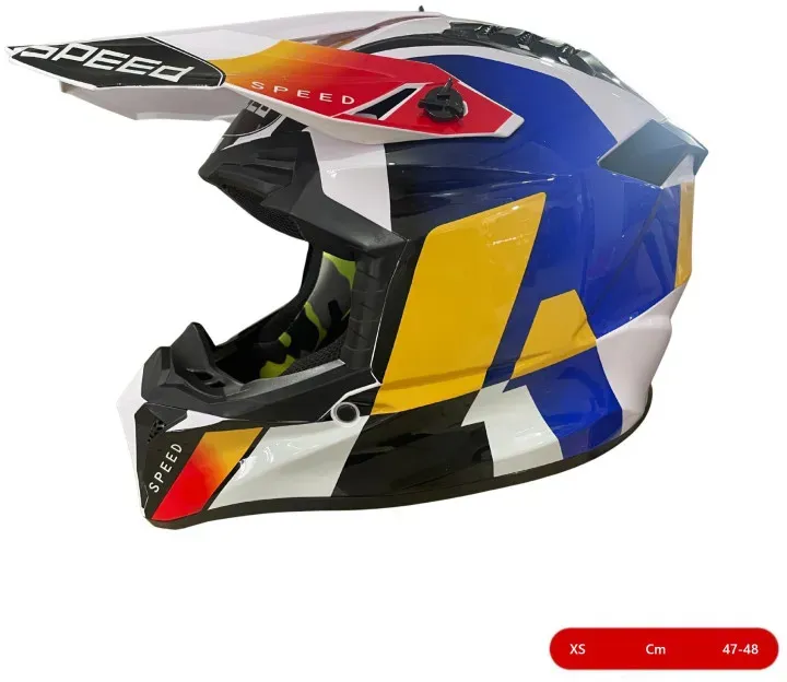 Kinder-Motocross-/Enduro-Helm für Motorrad, ATV und Fahrrad – Größe XS (47–48 cm), weiß mit gelb-blauem Design