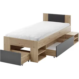 RELITA Stauraumbett 90x200cm, 2 Schubladen, Nako auf Rollen, Kopfteil m. Kunstleder schwarz, Artisan-Graphit