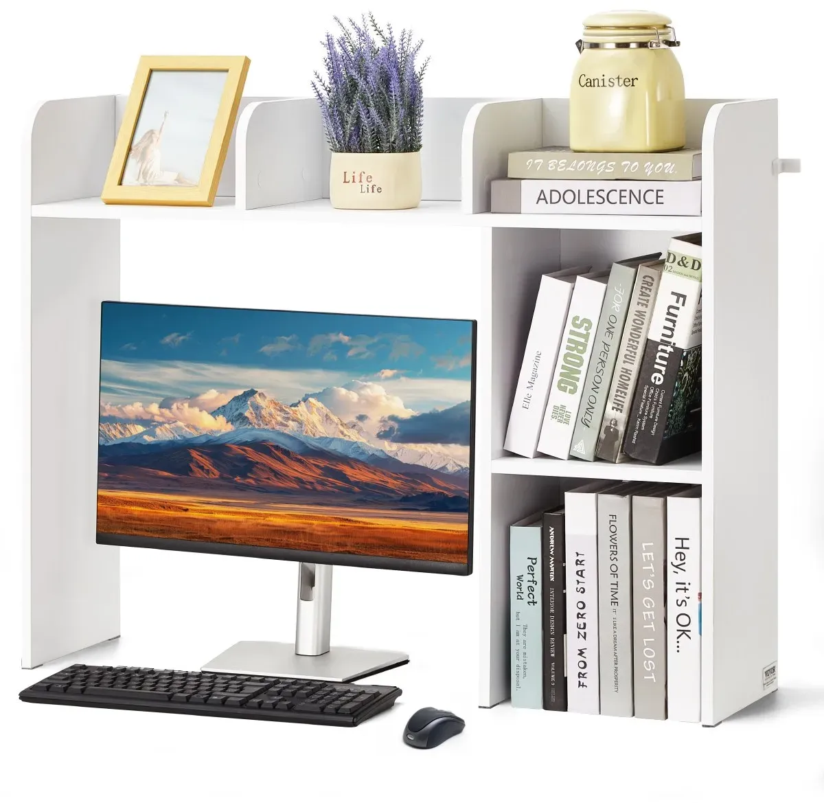 VEVOR Schreibtisch Bücherregal 2-stufiger Organizer (94,5 x 24,1 x 73,4 cm) Tischregale Schreibtisch Organizer Ausstellungsregal aus Spanplatten mit rutschfesten Füßen, für Büro Wohnheim, Weiß