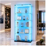 Simurq Glasvitrine Standvitrine mit LED und 2 Glastüren, Vitrinenschrank Glas (4 Ebenen(78,5x35x163 cm), 5 Ebenen(78,5x34,5x186,5 cm), Glasschrank mit 2 Türen,Schloss,Sammlervitrine) LED-Beleuchtung, abschließbare Türen, gehärtetes Glas schwarz