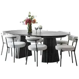 VCM ebuy24 Tokyo Essgruppe Esstisch inkl. 2 Einlegeplatten Ø120x120-160-200 cm Schwarz und 6 Stühle Bouclé Weiß.