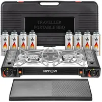 Mianova Gaskocher Camping Doppelgaskocher 2 flammig Grillplatte Koffer Piezozündung, (Mobiler Gaskocher 2-Flammig Outdoor Camping Festival Grill Kocher mit Grillplatte) schwarz Kocher + 8 Kartuschen