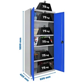 Proregal Stahlschrank Metall 80x180x40 cm Blau/Grau 4 Fachböden