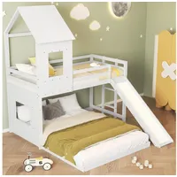 Odikalo Kinderbett Etagenbett Hochbett 90x200 140x200 mit Rutsche (Etagenbett mit Rutsche, Hausbett, Kinderbett, mit Fallschutzgitter, mit Fenster und Dach, mit dreistufige Leiter, Kiefer+MDF, Weiß, 90x200 cm & 140x200 cm) weiß