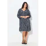 Ulla Popken Damen große Größen Übergrößen Plus Size Kleid, Volantsaum, A-Linie, V-Ausschnitt, 3/4-Arm Marine 42+ 837607130-42+ - 42-44