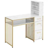 MCombo - m Schreibtisch mit 3 Schubladen, Nageltisch aus Holz Metallgestell, Manikürtisch Marmor-Weiß Gold, Schminktisch ohne Spiegel Modern,