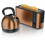 Arendo Frühstücks-Set Edelstahl Wasserkocher 1,7l, 2-Scheiben Langschlitz Toaster, kupfer (2-tlg), Frühstücksset, Wasserkocher Retro, 2200W, Toaster Brötchenaufsatz beige