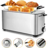 7MAGIC Toaster Edelstahl 1400W, 7 Bräunungsstufen, 4 Scheiben, Langschlitz mit Brötchenaufsatz, Auftau-/Aufwärm-/Schnellstoppfunktion, Silber - Silber