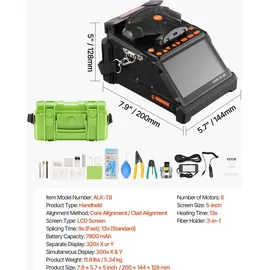 Vevor Glasfaser Spleißgerät, 6 Motoren, Kern- & Mantelausrichtung, mit 6 s schnellem Spleißen & 13 s Aufheizzeit, 5-Zoll-LCD-Bildschirm, 3-in-1-Faserhalter, 7800 mAh Akku für SM MM DS NZDS-Fasern