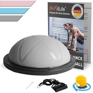 DH FitLife Balance Ball, Yoga Gleichgewichtstrainer Φ60*22cm bis 200 KG belastbar, halber Gymnastikball Fitness Balance Board, Balance-Board mit Pumpe und Fitnessbändern