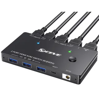 YOUTINGHDAV KVM Switch 2 PC 1 Monitor 8K@60Hz 4K@120Hz, USB 3.0 KVM Switch HDMI 2.1 HDCP 2.3 for 2 Computers teilen sich Tastatur Maus, mit Wired Remote