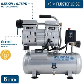 Hyundai Silent Kompressor SAC55751 SET (8 bar, 6L, tragbar, ÖLFREI, 59 dB, 550 W / 0.75 PS)