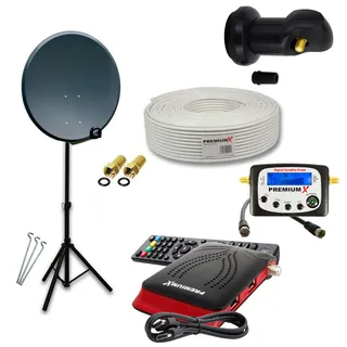 Premium X PremiumX Camping Mobile Satelliten-Komplettanlage 45cm Antenne Single LNB TV Kabel Dreibein-Stativ HD Receiver Sat-TV-Signalfinder