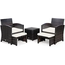 Goplus 5 tlg. Rattanmoebel, Poly Rattan Gartenmoebel, Lounge Set aus 1 Tisch & 2 Stühlen & 2 Ottomanen, mit Abnehmbarem & Waschbarem Bezug Beige